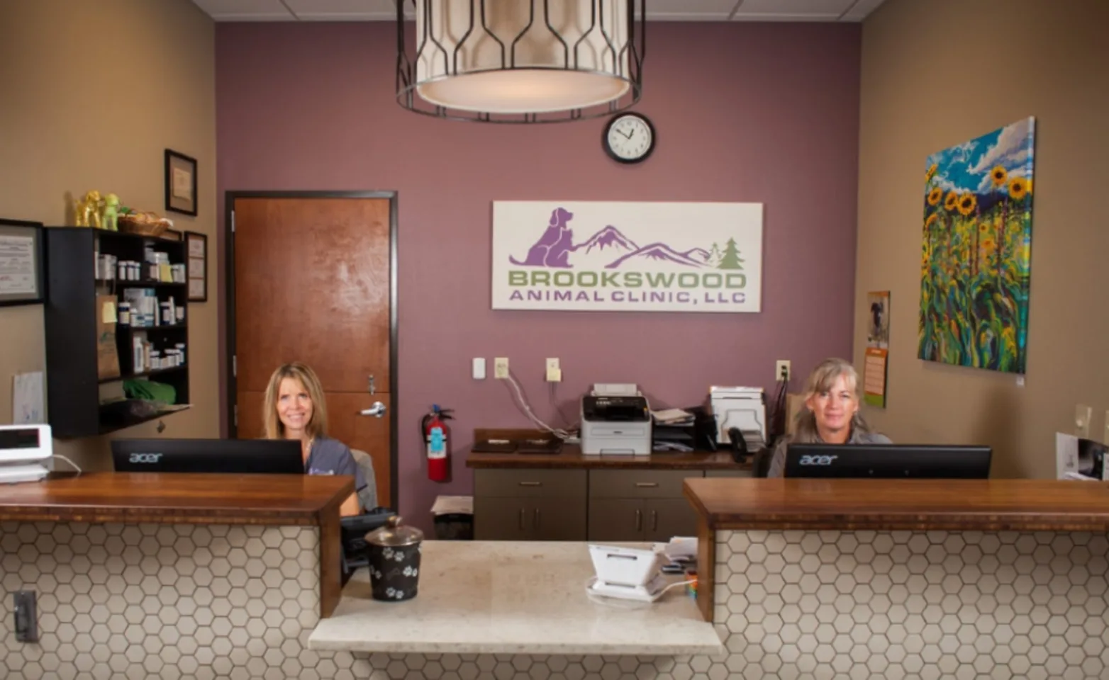 Two receptionists at the front desk of Brookwood Animal Clinic